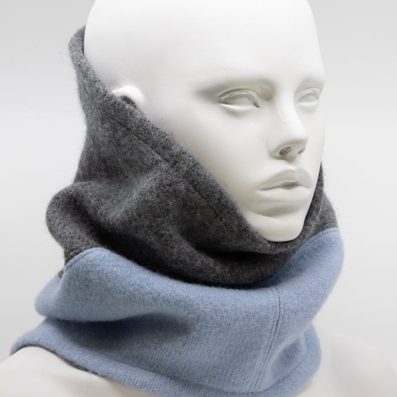 Felted Wool Tube Scarf - Medium Grey, Light Blue